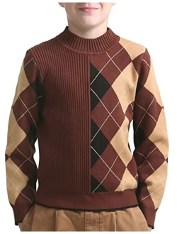 Boys Girls Mockneck Sweater Knit Contrast Argyle School Winter Warm Pullover Sweaters