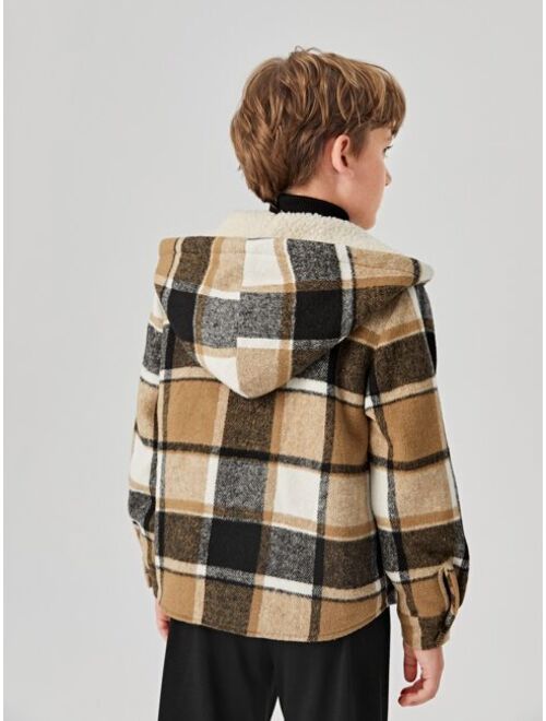 SHEIN Boys Plaid Print Teddy Lined Hooded Jacket