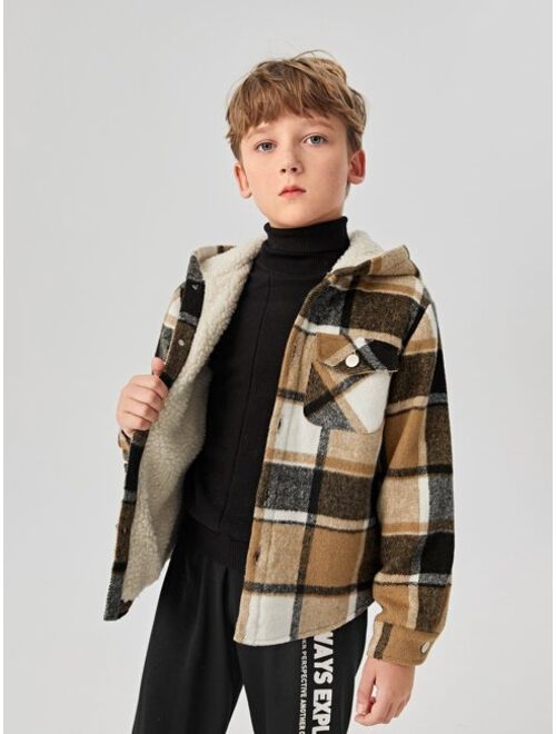 SHEIN Boys Plaid Print Teddy Lined Hooded Jacket