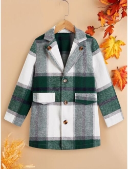 Boys Plaid Lapel Collar Overcoat