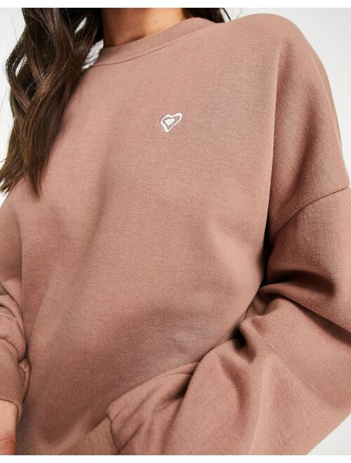 Miss Selfridge oversized sweat with heart embroidery in brown