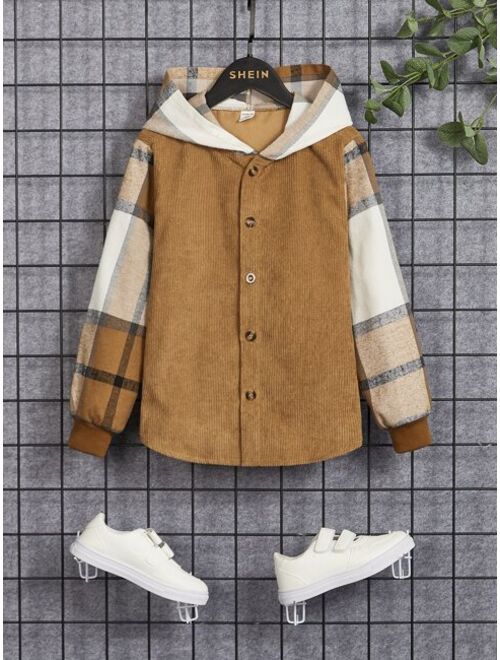 SHEIN Boys Plaid Print Hooded Coat Without Tee