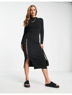 knit midi dress with lace up detail in black