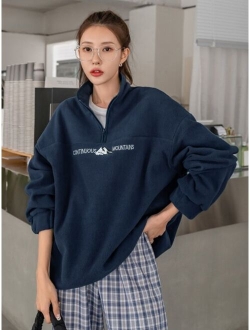 Mountain And Letter Embroidery Quarter Zip Drop Shoulder Fleece Sweatshirt Without Tee