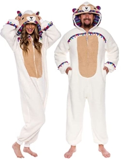 FUNZIEZ! Slim Fit Sherpa Adult Onesie - Animal Halloween Costume - Plush One Piece Cosplay Suit for Women and Men