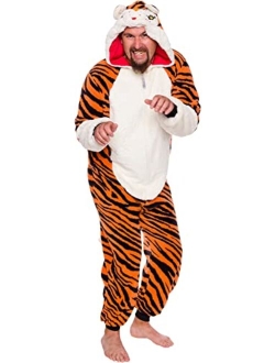 FUNZIEZ! Slim Fit Sherpa Adult Onesie - Animal Halloween Costume - Plush One Piece Cosplay Suit for Women and Men