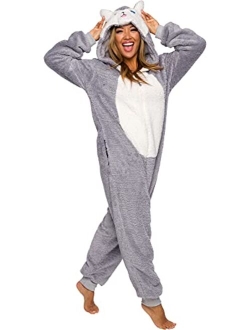 FUNZIEZ! Slim Fit Sherpa Adult Onesie - Animal Halloween Costume - Plush One Piece Cosplay Suit for Women and Men