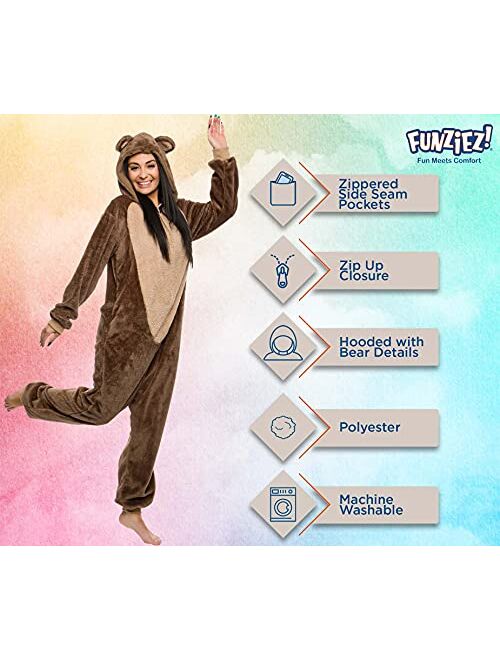 FUNZIEZ! Slim Fit Sherpa Adult Onesie - Animal Halloween Costume - Plush One Piece Cosplay Suit for Women and Men