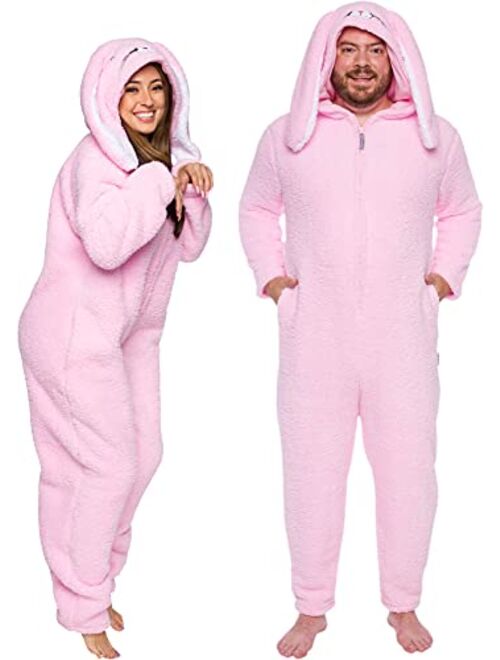 FUNZIEZ! Slim Fit Sherpa Adult Onesie - Animal Halloween Costume - Plush One Piece Cosplay Suit for Women and Men