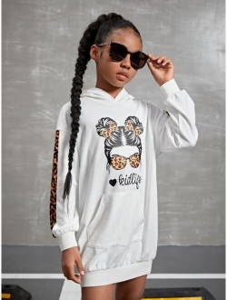 Girls Letter & Figure Graphic Drop Shoulder Hoodie Dress