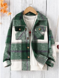 Boys Plaid Print Flap Pocket Flannel Coat Without Sweatshirt