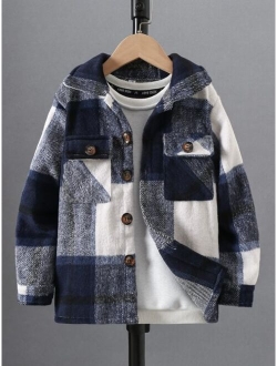 Boys Plaid Print Flap Pocket Flannel Coat Without Sweatshirt