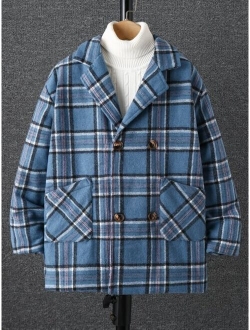 Boys 1pc Plaid Lapel Collar Dual Pocket Overcoat