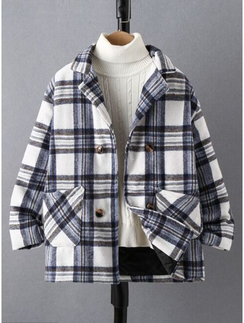 Shein Boys 1pc Plaid Lapel Collar Dual Pocket Overcoat