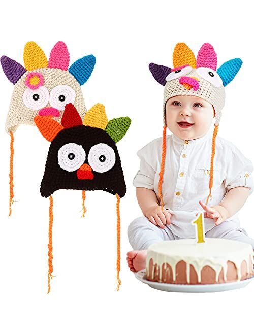 Heentan 2 PiecesThanksgiving Turkey Hat Knitted Turkey Beanie Cap Baby Chicken Costume Turkey Costume Hat Photo Prop Black,White, Medium