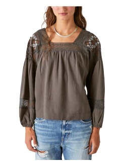 Women's Embroidered Long-Sleeve Square-Neck Top