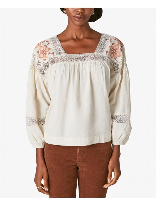 LUCKY BRAND Women's Embroidered Long-Sleeve Square-Neck Top