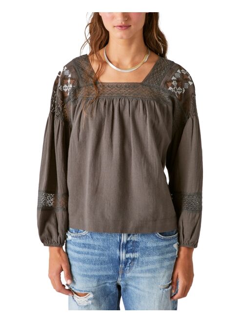 LUCKY BRAND Women's Embroidered Long-Sleeve Square-Neck Top