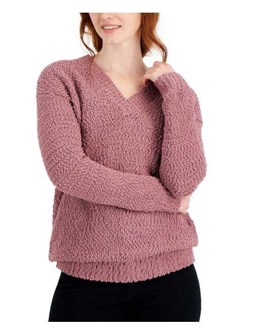 STYLE & CO Women's Teddy Boucle V-Neck Sweater, Created for Macy's