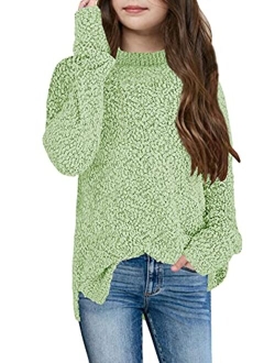 GAMISOTE Girl's Fuzzy Warm Sweater Crew Neck Chunky Side Slit Jumper Pullover Outwear