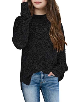 GAMISOTE Girl's Fuzzy Warm Sweater Crew Neck Chunky Side Slit Jumper Pullover Outwear