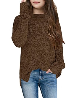 GAMISOTE Girl's Fuzzy Warm Sweater Crew Neck Chunky Side Slit Jumper Pullover Outwear