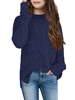 GAMISOTE Girl's Fuzzy Warm Sweater Crew Neck Chunky Side Slit Jumper Pullover Outwear