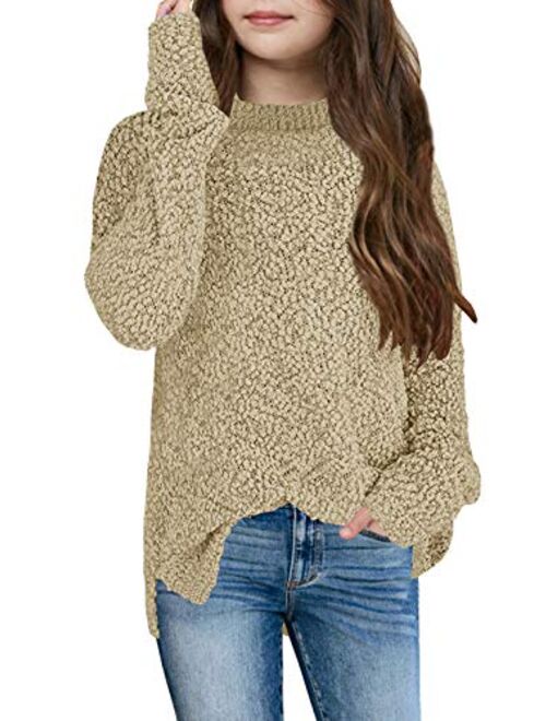 GAMISOTE Girl's Fuzzy Warm Sweater Crew Neck Chunky Side Slit Jumper Pullover Outwear