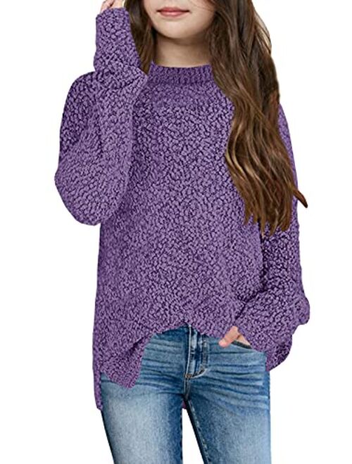 GAMISOTE Girl's Fuzzy Warm Sweater Crew Neck Chunky Side Slit Jumper Pullover Outwear