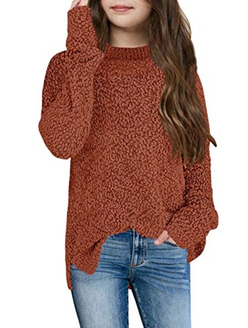 GAMISOTE Girl's Fuzzy Warm Sweater Crew Neck Chunky Side Slit Jumper Pullover Outwear