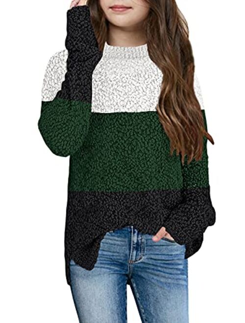 GAMISOTE Girl's Fuzzy Warm Sweater Crew Neck Chunky Side Slit Jumper Pullover Outwear