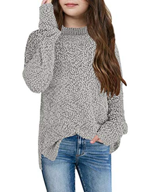 GAMISOTE Girl's Fuzzy Warm Sweater Crew Neck Chunky Side Slit Jumper Pullover Outwear