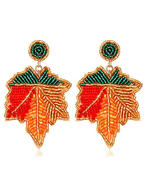 Xocartige Thanksgiving Earrings Beaded Fall Earrings for Women, Handmade Pumpkin Turkey Maple Leaf Drop Dangle Earrings Thanksgiving Accessory Holiday Gifts