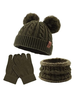 Yuoahcn Kids Winter Beanie Hat Scarf Gloves Set Knit Warm Toddler Winter Cap Gloves Neck Warmer for Boys Girls 1-8 Year