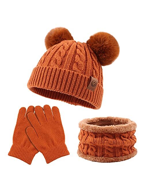 Yuoahcn Kids Winter Beanie Hat Scarf Gloves Set Knit Warm Toddler Winter Cap Gloves Neck Warmer for Boys Girls 1-8 Year