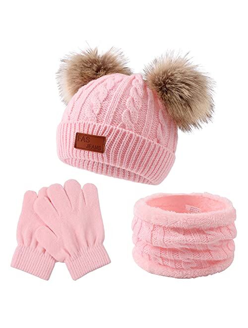 Yuoahcn Kids Winter Beanie Hat Scarf Gloves Set Knit Warm Toddler Winter Cap Gloves Neck Warmer for Boys Girls 1-8 Year