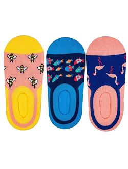 3-Pack Bee, Flamingo, School of Fish, No-Show Socks, colorful and fun, Socks for Men and Women, Pink, Blue, Royal Blue (6-9, No-Show Mix 2)