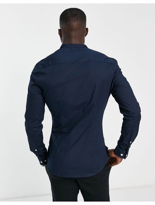 ASOS DESIGN skinny fit shirt with grandad collar in navy