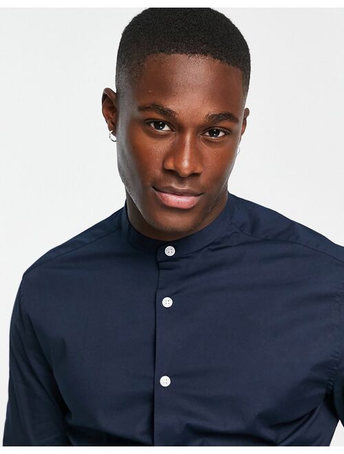 ASOS DESIGN skinny fit shirt with grandad collar in navy