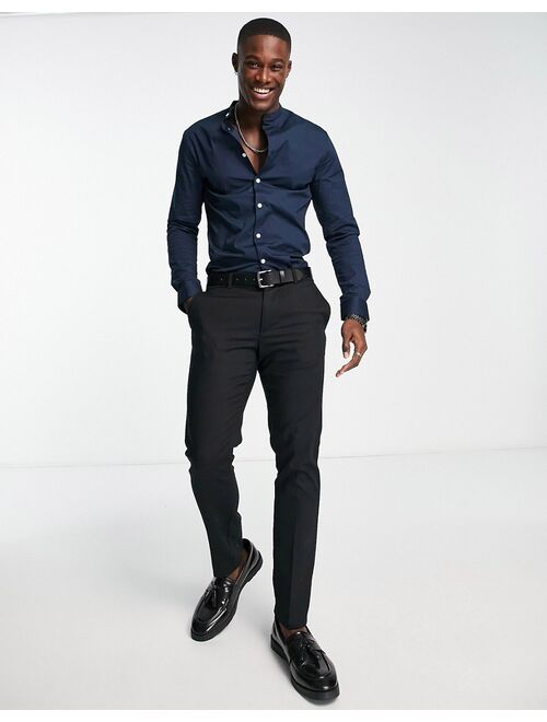 ASOS DESIGN skinny fit shirt with grandad collar in navy