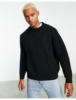 knit oversized fisherman ribbed sweater in black