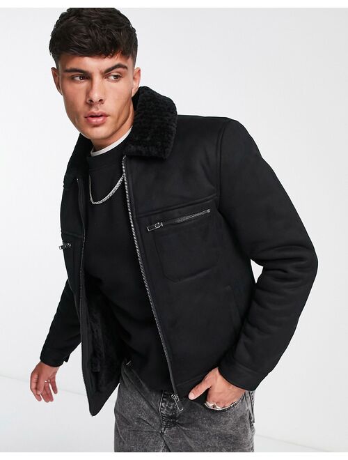 River Island borg fleece lined western coat in black