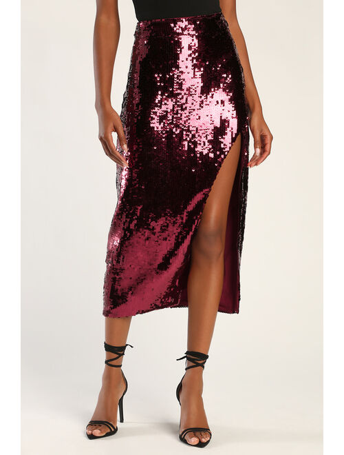 Lulus Throwing Sparkles Shiny Burgundy Sequin Midi Skirt