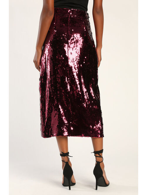 Buy Lulus Throwing Sparkles Shiny Burgundy Sequin Midi Skirt online ...