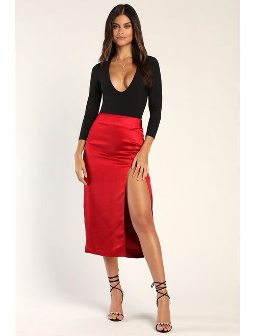 Lulus Headed to Happy Hour Red Satin Midi Skirt