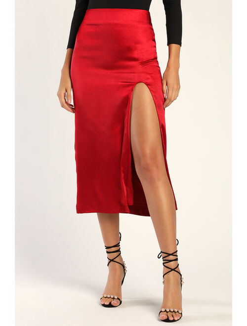 Lulus Headed to Happy Hour Red Satin Midi Skirt