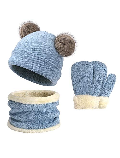 Aqothes Kids Boys Girls Winter Knit Warm Fleece Lined Cute Pompom Beanie Hats Caps and Infinity Scarf Mittens Gloves Set for Children