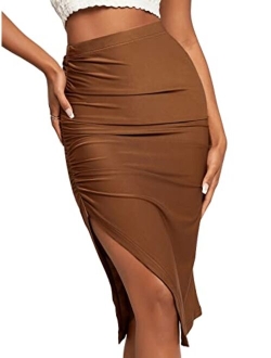 Women's Solid High Waisted Ruched Split Thigh Bodycon Midi Skirt