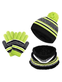 Oopor Kids Hat Scarf Gloves Set - Winter Fleece Warm Knit Neck Warmer Wool Thermal Beanie Cap Sport Mittens Boys Girls Aged 3-6