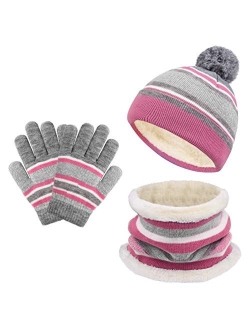 Oopor Kids Hat Scarf Gloves Set - Winter Fleece Warm Knit Neck Warmer Wool Thermal Beanie Cap Sport Mittens Boys Girls Aged 3-6